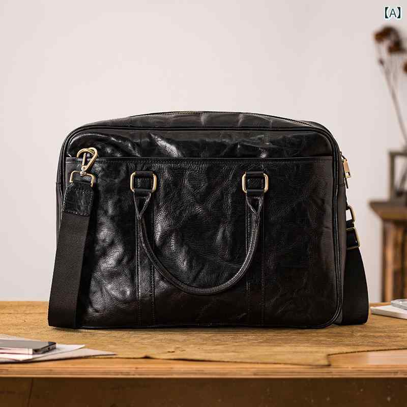メンズ バック ショルダーバック クロスボディバック 牛革 エレガント 高級感 大きめ 横型長方形 持ち手ハンドル ビジネス 通勤 多機能 上質 ブリーフケース 書類入れ 黒 ブラック ソフトレザー