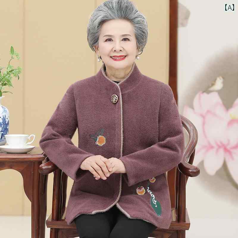 ジャケット レディース 秋冬 裏起毛 厚手 トップス おばあちゃん お母さん コート スタンドカラー ミドル丈 ゆったりタイプ 刺繡入り