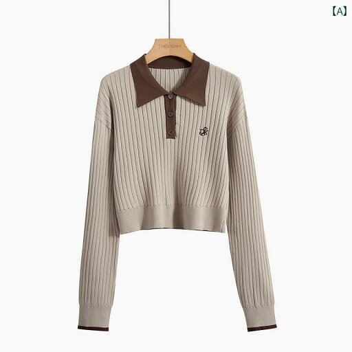 セーター ポロカラー 秋 ハイウエスト ショート スリム ナチュラル Tシャツ カーキ 長袖 薄手 トップス レディース セーター ポロカラー 秋 ハイウエスト ショート スリム ナチュラル Tシャツ カーキ 長袖 薄手 トップス レディース