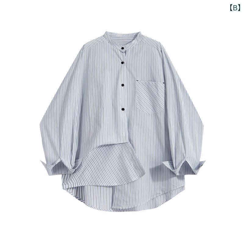 レディース トップス 長袖 ブルー ストライプ スタンドカラー シャツ 秋 薄手 日焼け防止 おしゃれ きれいめ
