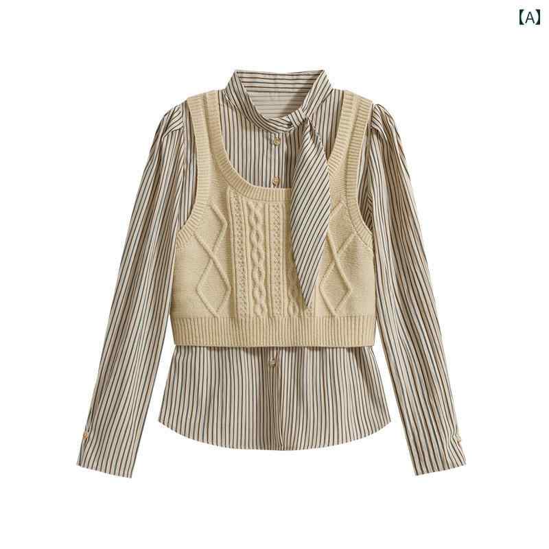 韓国 ストライプ シャツ ジャケット 2点 セット カジュアル 秋 トップス レディース ニット ファッション ベスト