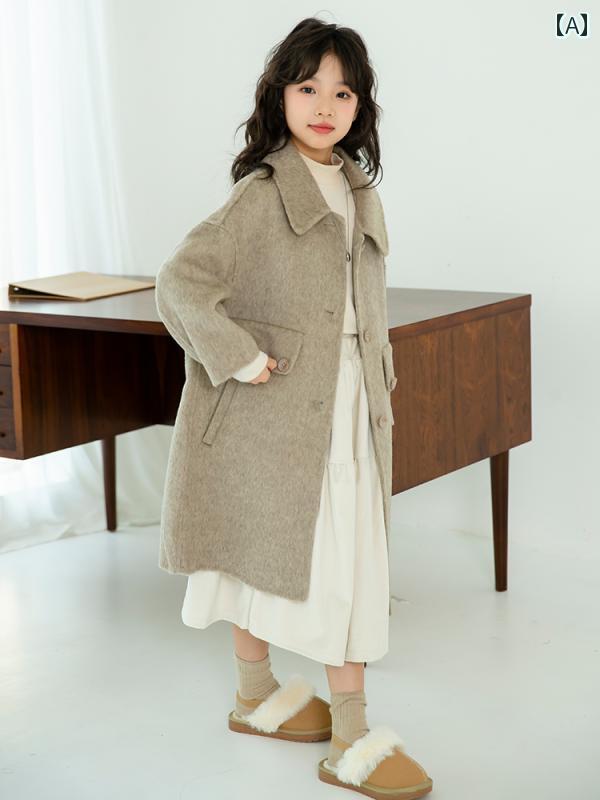 コート キッズ 女の子 ウール ユニセックス 子供用 防寒 アウター 秋冬 ファッション ミドル丈 おしゃれ シンプル スタイリッシュ 厚手