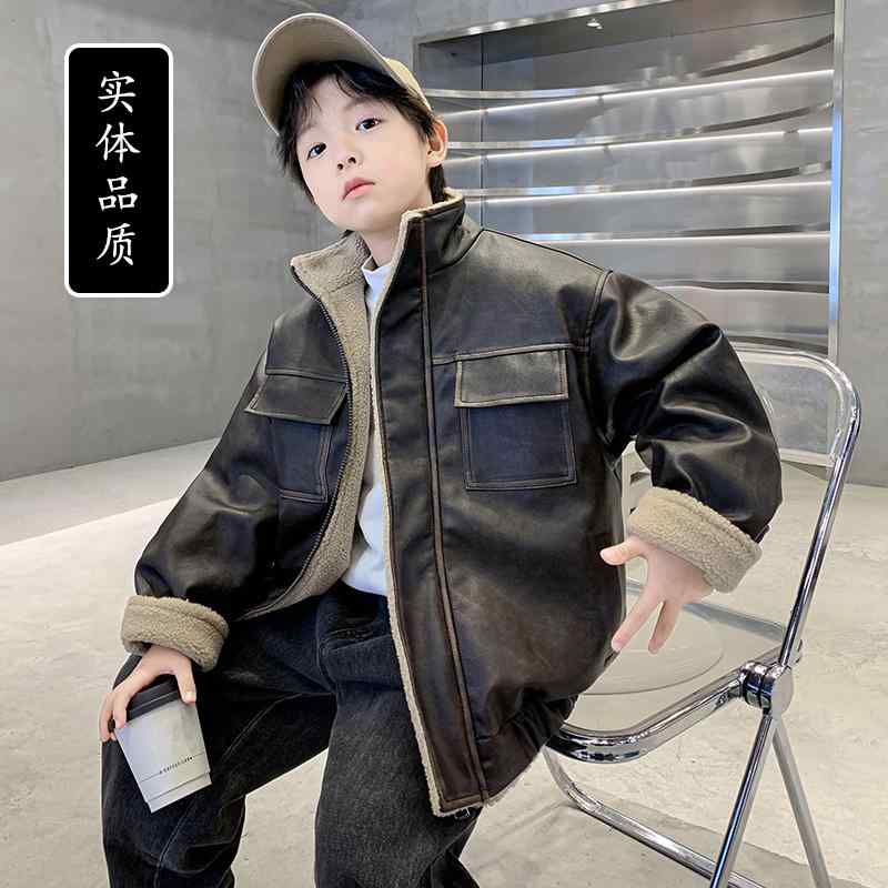 子供服 男の子 ボーイズ レザージャケット フェイクレザー スタンドカラー 厚手 裏起毛 暖かい 秋冬 防寒 軽量 通学 お出かけ アウトドア キッズ