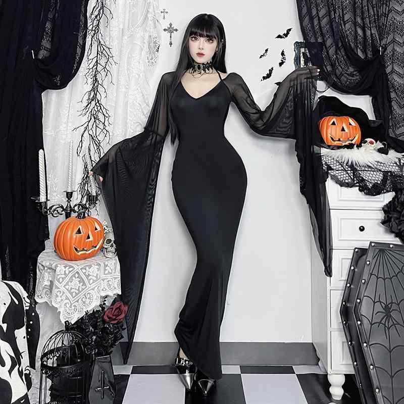コスプレ ハロウィン ナイト コスチューム ゴシック 黒 ブラック 魔女 悪魔 ロング ドレス ワンピース ダーク 闇 シアー メッシュ レース ウエスト くびれ Iライン スカート ベルスリーブ ショー 衣装
