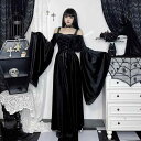 コスプレ ハロウィン ナイト コスチューム ゴシック ワンショルダー 魔女 悪魔 夜 闇 ダーク ブラック ドレス 黒 ベルスリーブ ロング スカート ホラー テイスト ワンピース レースアップ編み