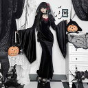 コスプレ ハロウィン ナイト コスチューム ゴシック ゴースト ブラック 花嫁 セクシー 黒 赤 ドレス ブラック バックレス フィッシュテール スカート ベルスリーブ ワンピース 背中開き ショー