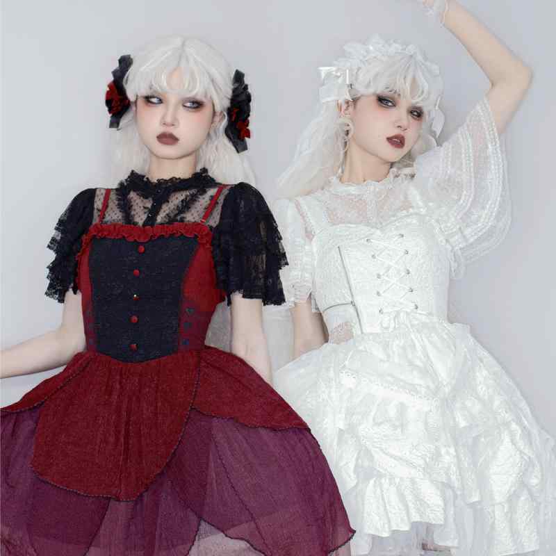 ロリータ ドレス 春夏 胸パッド付 レース ミニ インナー シャツ 短丈 純白 黒 レイヤード用 友達 ペア リンクコーデ ガーリー 甘辛 上品 コスプレ コスチューム イベント 衣装 コンカフェ