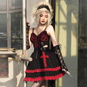 ゴスロリ 黒 赤 エレメント ホット ガール ミニ ワンピース ダーク フロント ジッパー 胸パッド付き ショート スカート 春夏 ゴシック ドレス レース 十字架 フリル クール コンカフェ 衣装