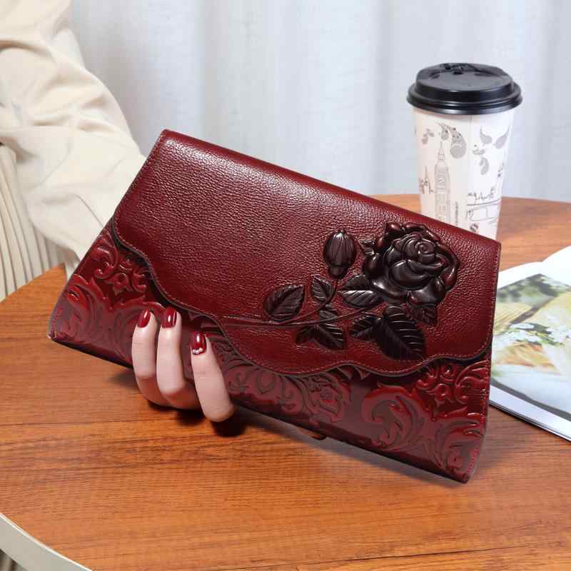 クラッチバッグ ハンドバッグ エレガント レディース レザー ジッパー ポケット 花柄 エスニック 革 パ..