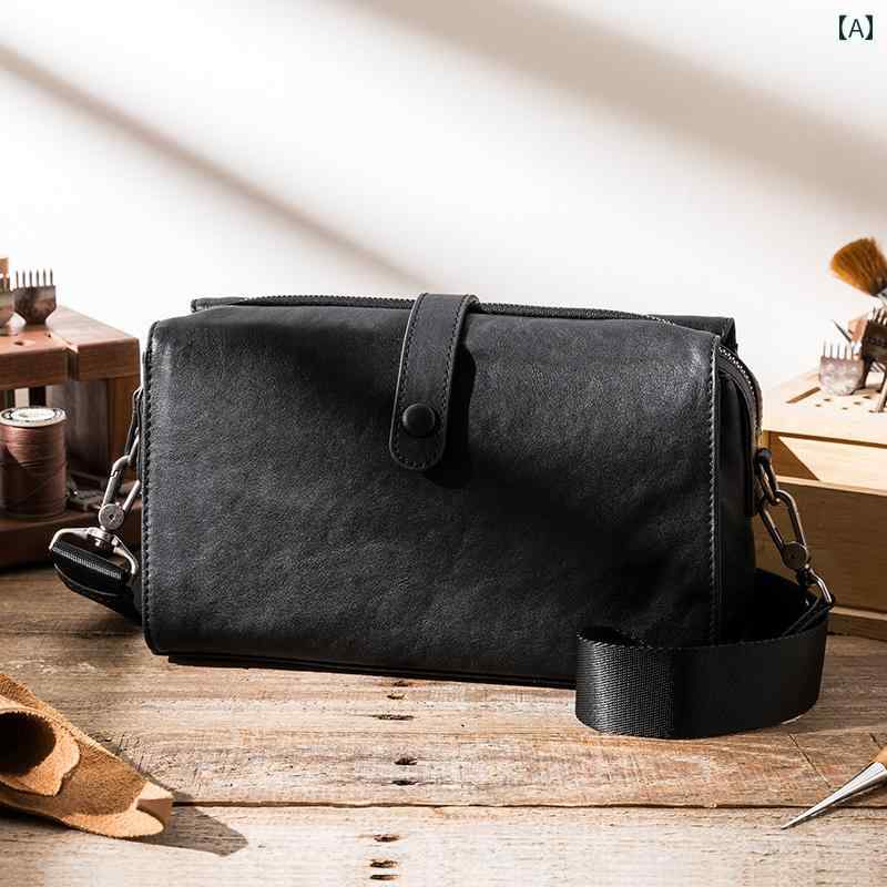 メンズ バック ショルダー クロスボディ クラッチバック 牛革 斜め掛け 立体横長長方形 コンパクト モダン シンプル エレガント スタイリッシュ ミニマル 耐久性 多機能 実用的 ソフト 黒