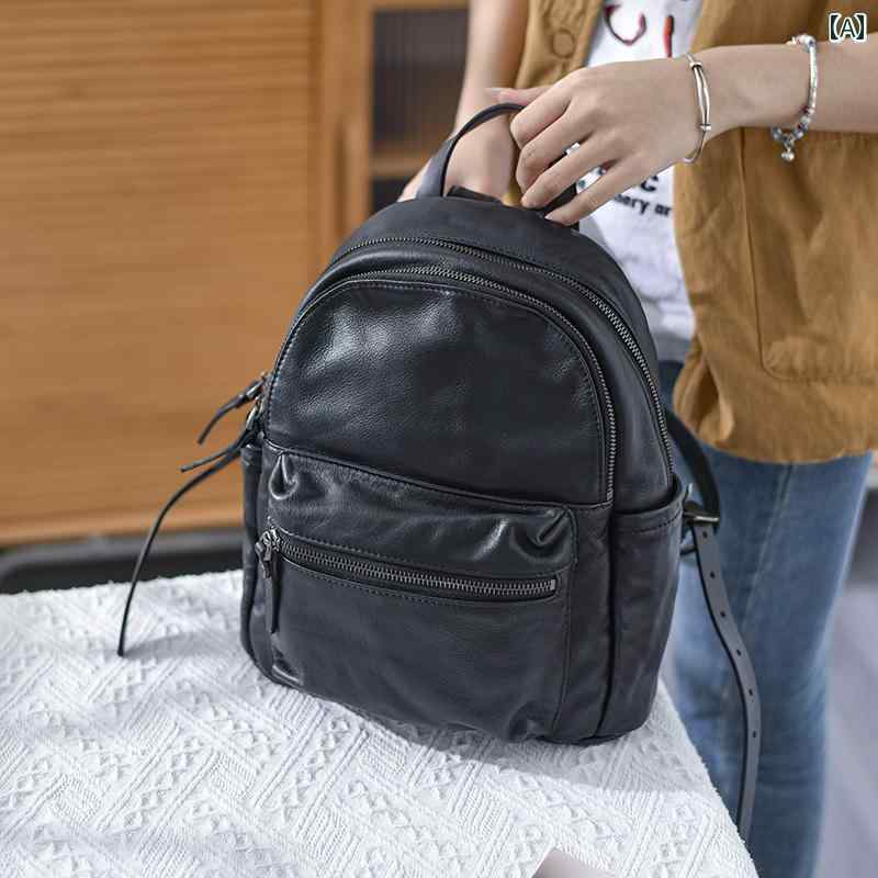 楽天ラ・グラーヌレディース バックパック リュック ユニセックス 韓国スタイル 牛革 ジッパー開閉 黒 ブラック 縦長長方形 コンパクト 26×30×16cm シンプル エレガント 軽量 多機能 ソフト レザー