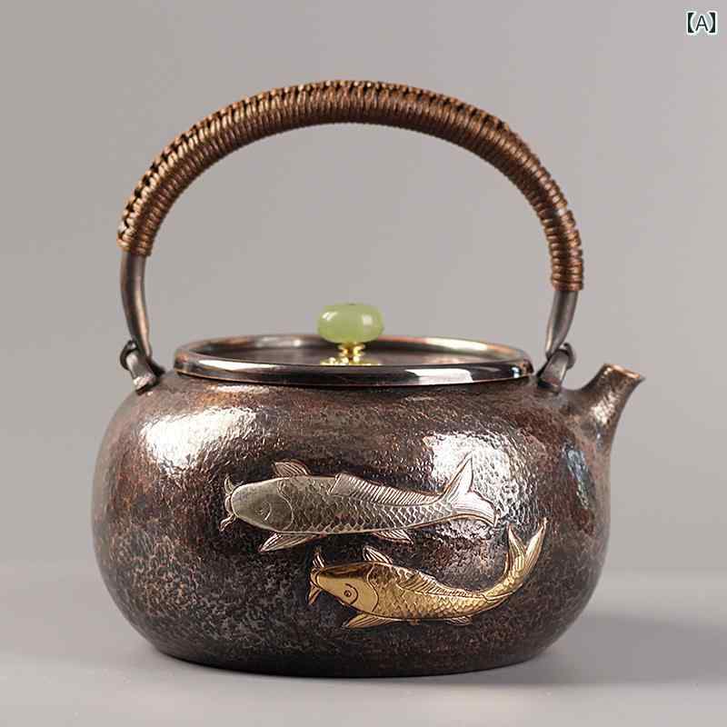 やかん レトロ ティーポット 銅製 ケトル 急須 家庭用 チャイナ風 金箔 アンティーク 魚柄 おしゃれ