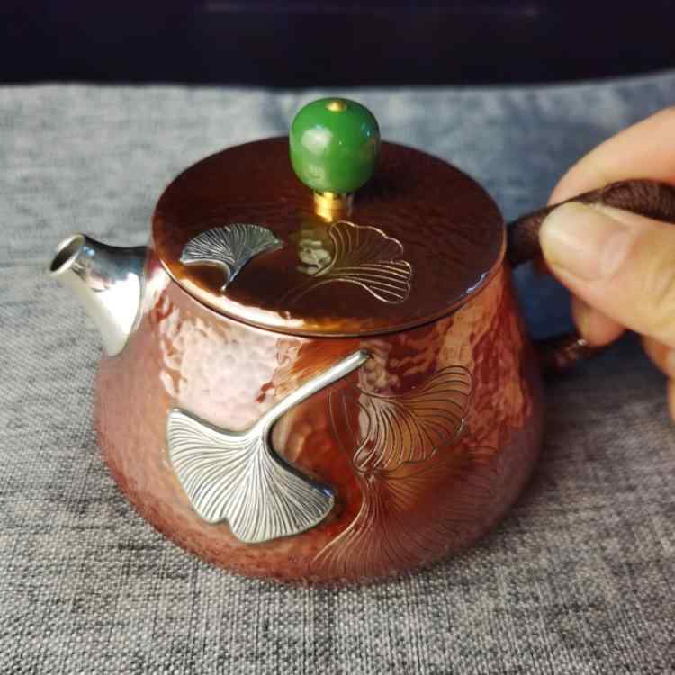 急須 茶瓶 和風 銅 ティーポット 焼き色 アート 銀箔 象嵌 シルバー アクセント サイド ハンドル おし..