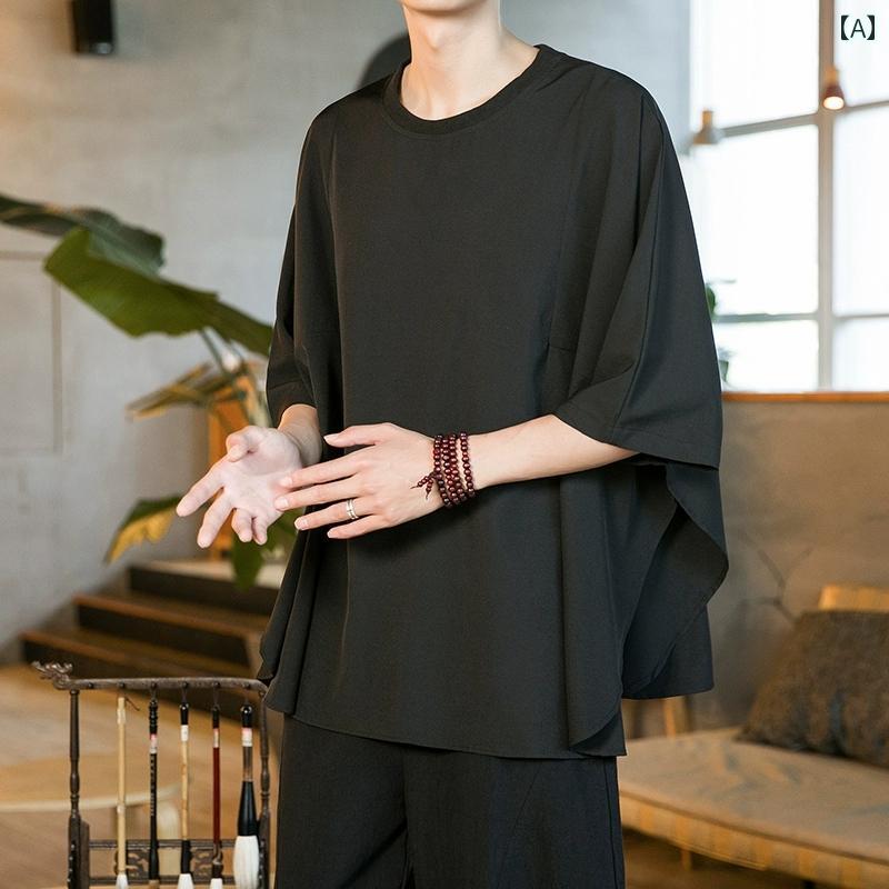 メンズ チャイナ風 トップス Tシャツ 黒 ブラック 冷感 半袖 春夏 薄手 ゆったり プルオーバー ポンチョ風 大きめ レトロ モダン スタイリッシュ モード 七分袖 無地 カジュアル