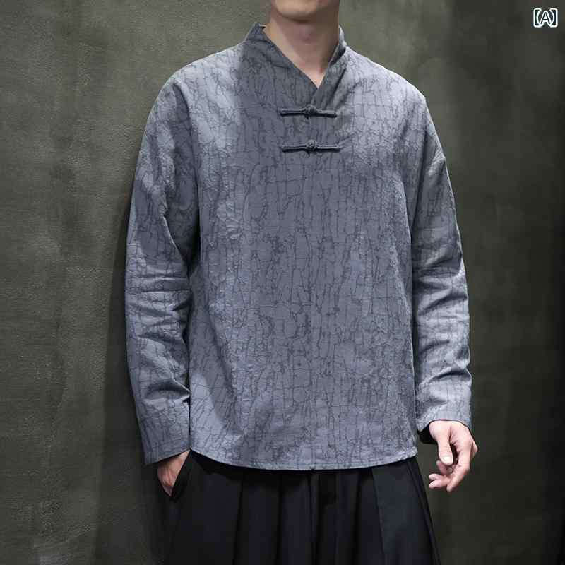 漢服 リネン 長袖 Tシャツ トップス メンズ ファッション Vネック チャイナ風 唐装 綿 ゆったり 快適 大きいサイズ 伝統的 デイリー使い 薄手 カジュアル デイリー