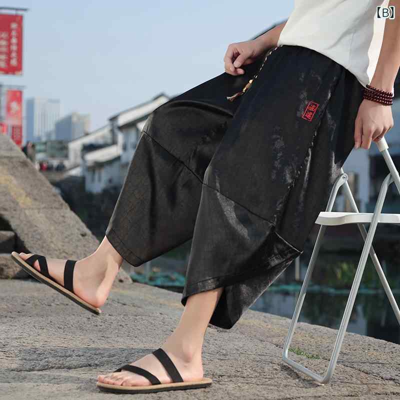 クロップドパンツ チャイナ風 冷感 夏 薄手 大きいサイズ ランタン 通気性 メンズ ファッション カジュアル ズボン 涼感 快適 リラックス シンプル ウエストゴム