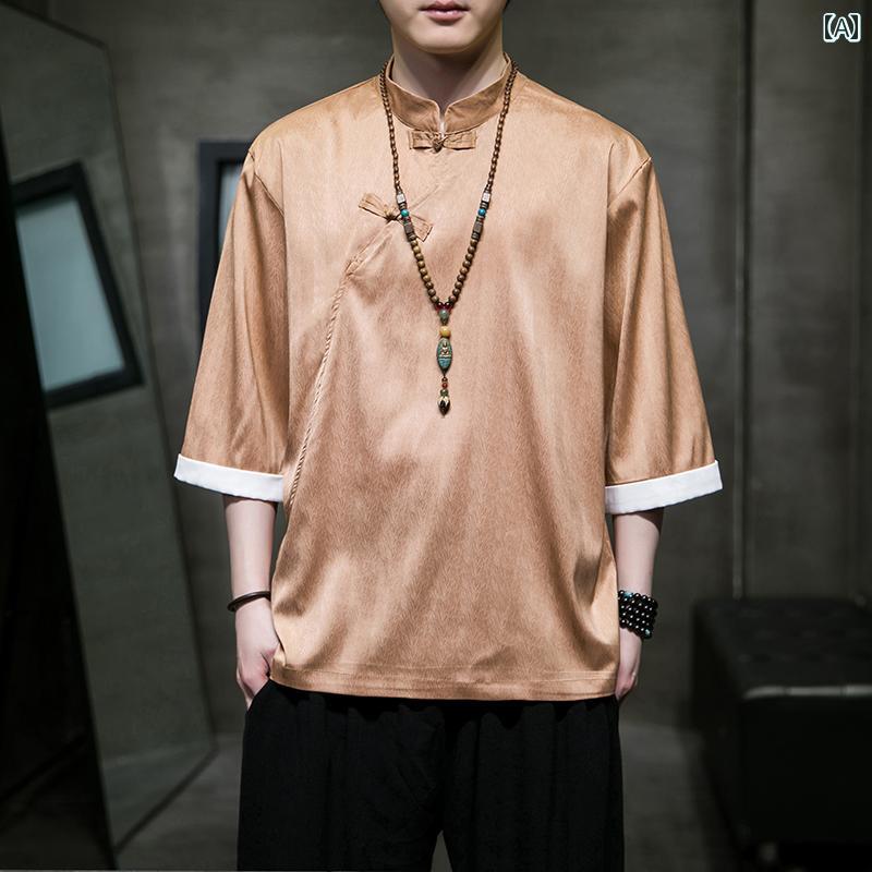 トップス 夏 冷感 シャツ メンズ 薄手 チャイナ風 ドレープ 伝統服 大きいサイズ 半袖 レトロ 唐装 Tシャツ 紳士服