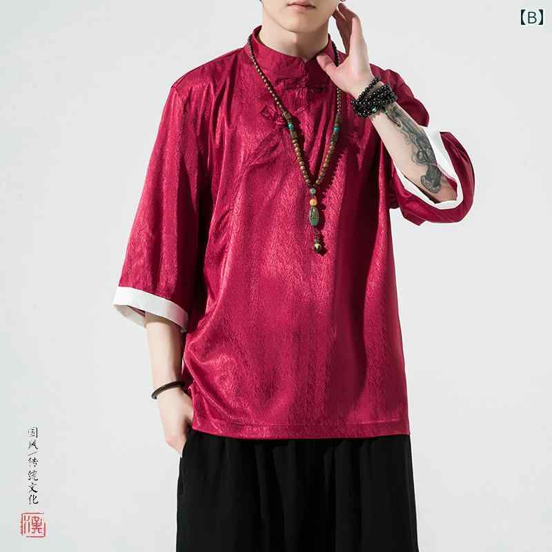 トップス 夏 冷感 シャツ メンズ 薄手 チャイナ風 ドレープ 伝統服 大きいサイズ 半袖 レトロ 唐装 Tシャツ 紳士服
