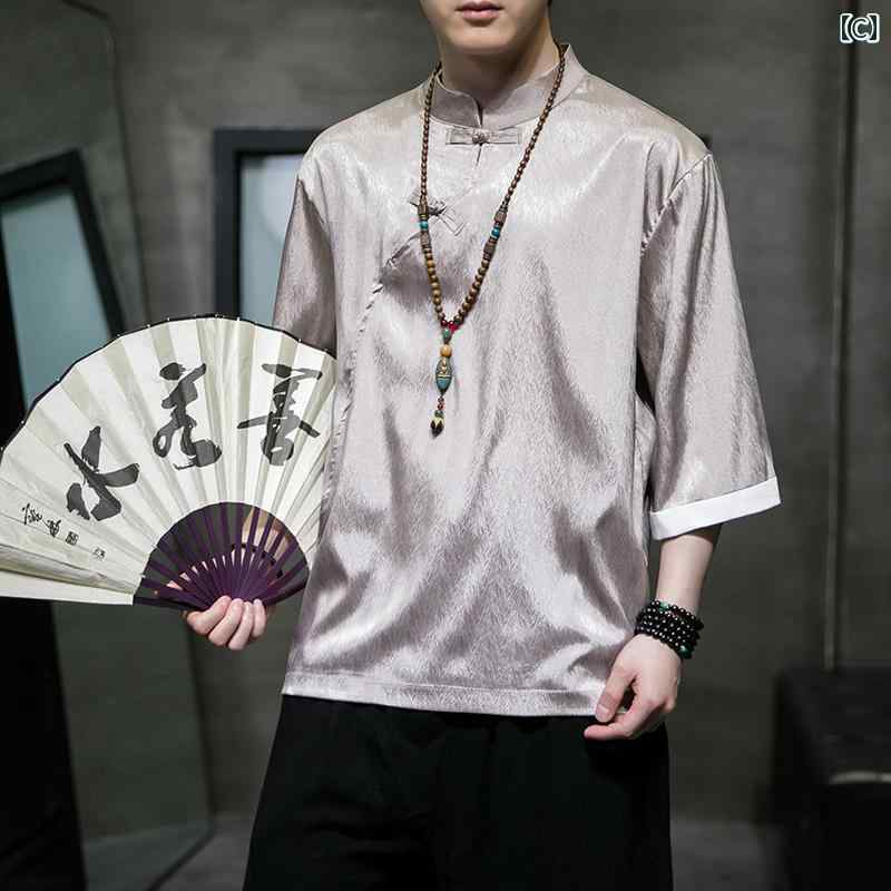 トップス 夏 冷感 シャツ メンズ 薄手 チャイナ風 ドレープ 伝統服 大きいサイズ 半袖 レトロ 唐装 Tシャツ 紳士服
