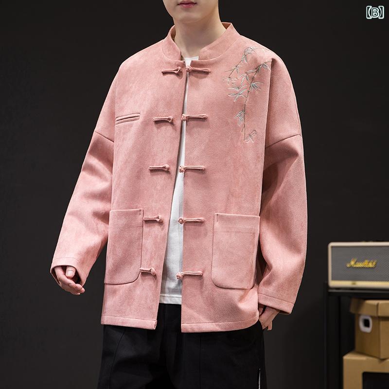 長袖 トップス 秋冬 チャイナ風 唐装 ジャケット メンズ 鹿革 厚手 アウター 大きいサイズ 刺繍 伝統衣装 アンティークスタイル ボタン 漢服