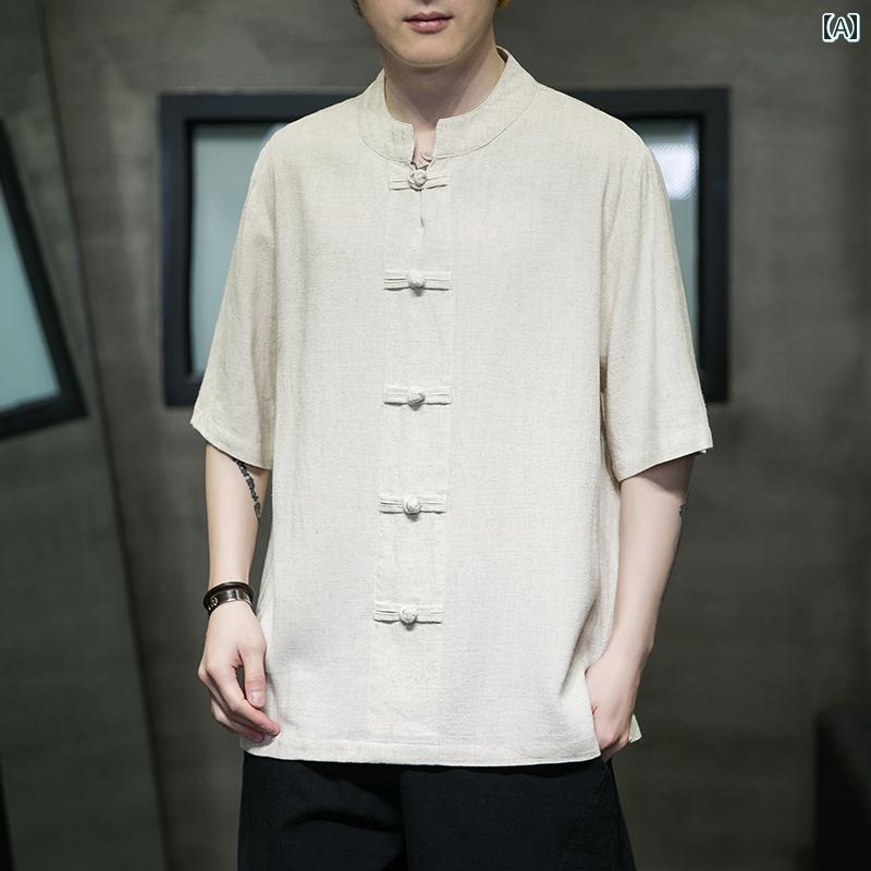 メンズ シャツ チャイナ デザイン Tシャツ レトロ ボタン 綿 リネン 半袖 トップス 五分袖 カジュアル スタイリッシュ 唐装 春夏 爽やか クール 個性 センス きれいめ 文化的