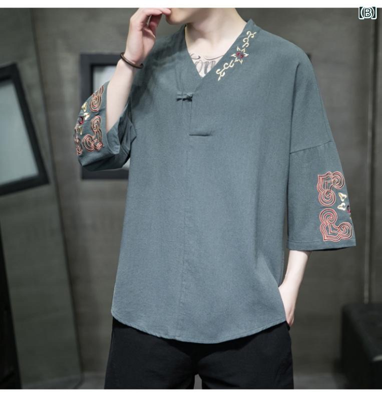 シャツ 半袖 トップス チャイナ風 メンズ エレガント おしゃれ ニット Vネック 七分袖 薄手 夏 刺繍 麻 リネン アウトドア コーディネート