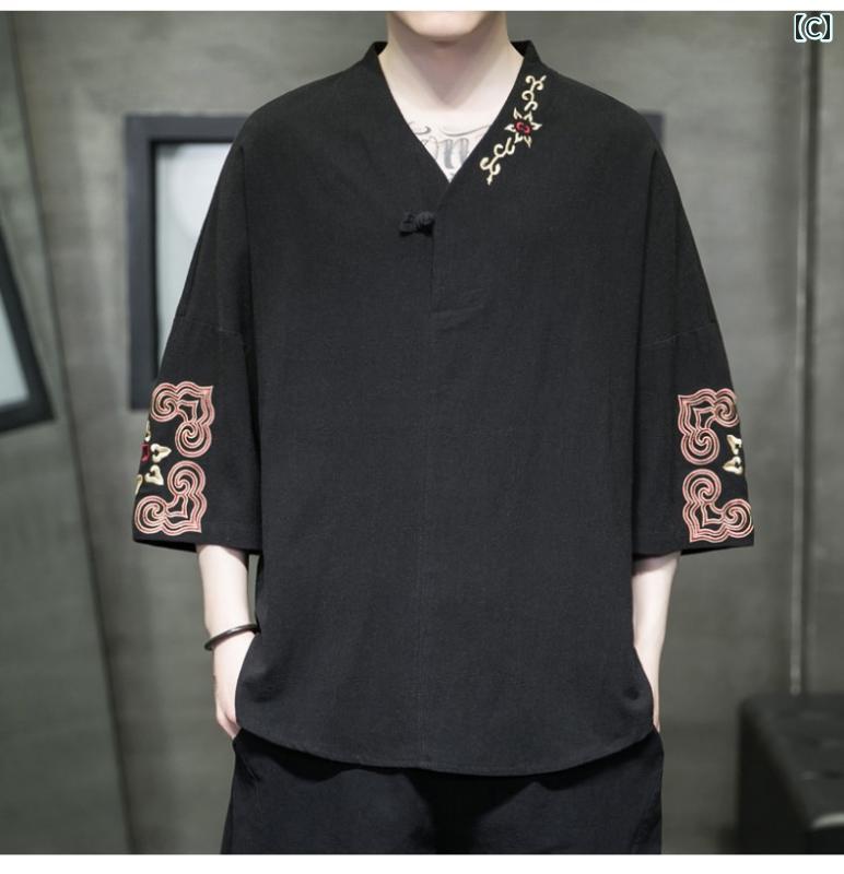 シャツ 半袖 トップス チャイナ風 メンズ エレガント おしゃれ ニット Vネック 七分袖 薄手 夏 刺繍 麻 リネン アウトドア コーディネート