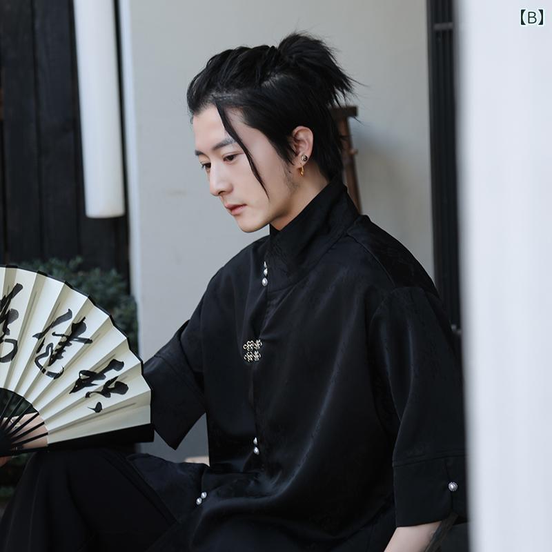 メンズ ジャケット 立ち襟 チャイナ風 唐 半袖 ダークパターン シャツ スタンドカラー カジュアル レトロ シック チュニック