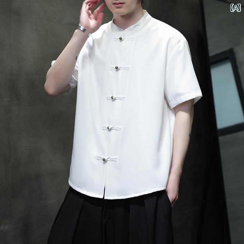 半袖 シャツ 中華 カンフー着 メンズ ファッション 冷感 夏 薄手 伝統 チャイナ風 唐装 デザイン 漢服 ..