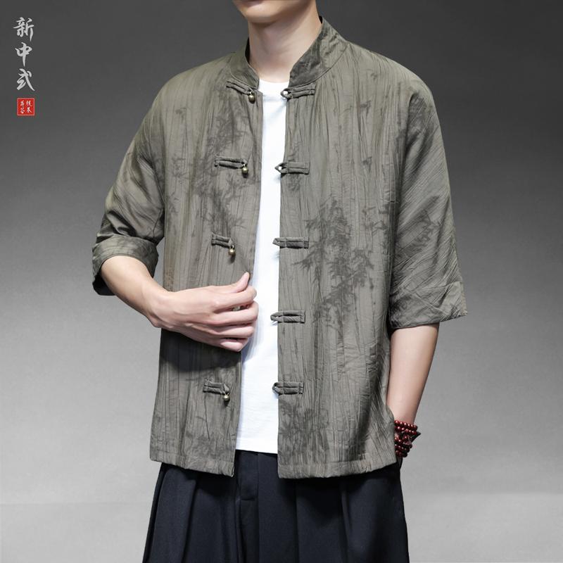 メンズ シャツ チュニック カジュアルシャツ チャイナ風 薄手 半袖 大きいサイズ 夏 唐服 軽量素材 涼感 柔らか 伝統 エキゾチック シンプル 中華 休日 紳士服(4)