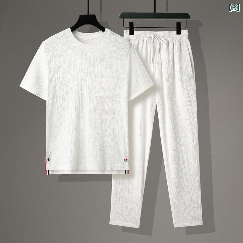 Tシャツ トップス メンズ パンツ チャイナ風 セットアップ 半袖 ゆったりフィット 大きいサイズ 夏 リラックスウェア 薄手 軽量素材 涼感 シンプル レジャー 休日 紳士服