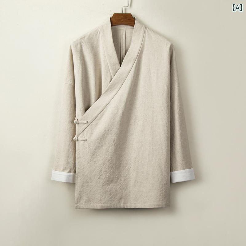 メンズ ジャケット 羽織 トップス アウター 長袖 チャイナ風 斜めブレスト クロス開き中華プレートボタン 中国伝統風 着物スタイル エレガント ナチュラル 涼感 文化服 Vネック ゆったり