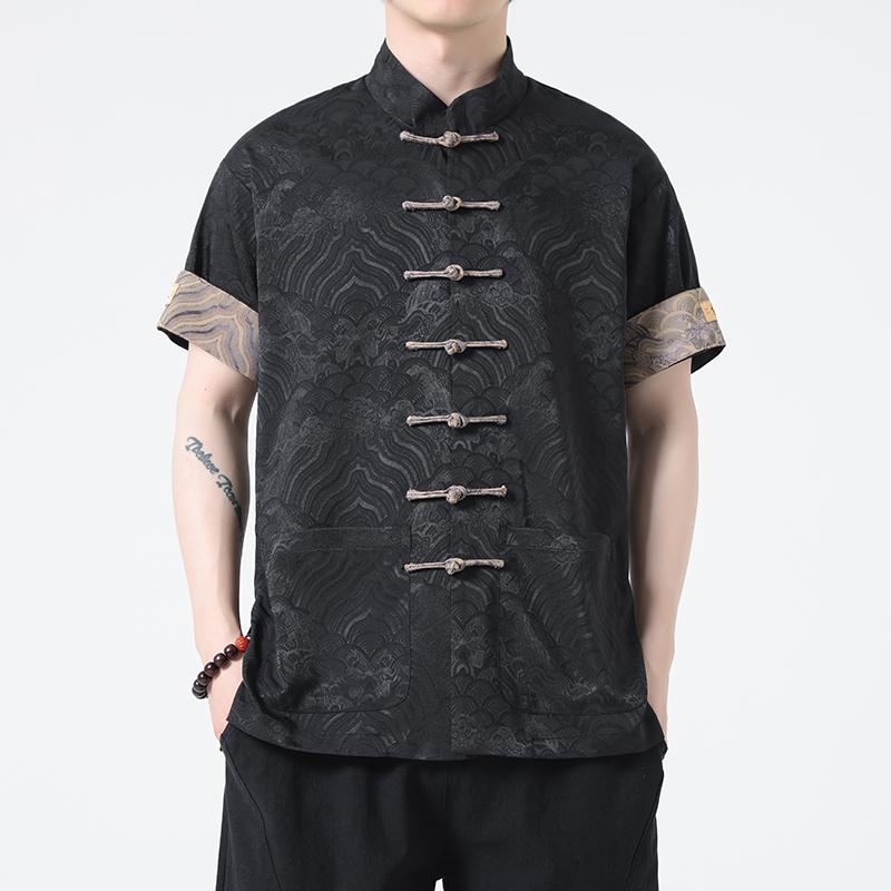 メンズ トップス 夏 チャイナ風 男性 薄手 カジュアル シャツ 立ち襟 レトロ 半袖 大きい シングルブレスト スタンドカラー 通気 ゆったり 吸湿 軽量 水紋柄 ポケット