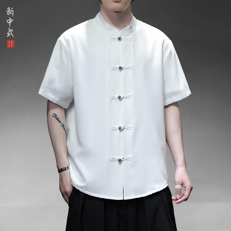 メンズ シャツ トップス 夏 チャイナ風 男性 薄手 半袖 銅 ボタン スタンドカラー チュニック シングル..