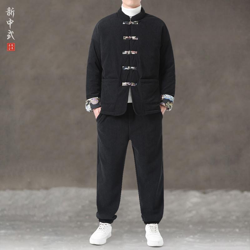 メンズ 冬 チャイナ風 セットアップ 男性 レトロ 厚手 綿 コート セット カジュアル 大きい ツーピース コーデュロイ アウター ゆったり スタンドカラー シングルブレスト 防寒 暖かい ゴム 調整 パンツ