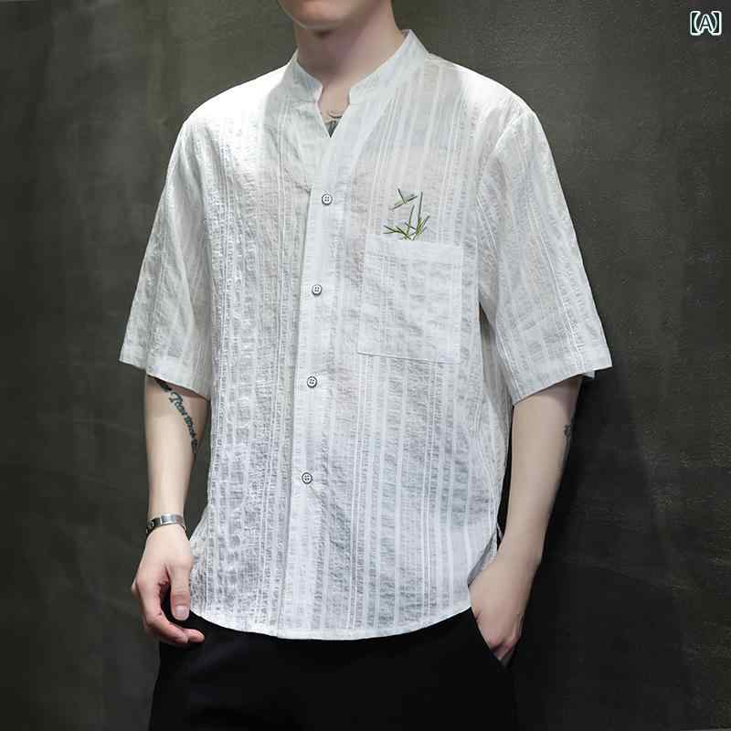メンズ シャツ トップス 夏 チャイナ風 男性 薄手 刺繍 半袖 大きい カジュアル スタンドカラー シングルブレスト 通気 吸湿 涼感 ゆったり ストライプ ポケット 軽量