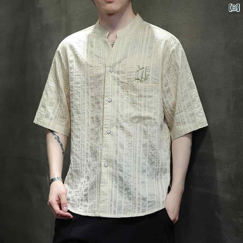 メンズ シャツ トップス 夏 チャイナ風 男性 薄手 刺繍 半袖 大きい カジュアル スタンドカラー シングルブレスト 通気 吸湿 涼感 ゆったり ストライプ ポケット 軽量