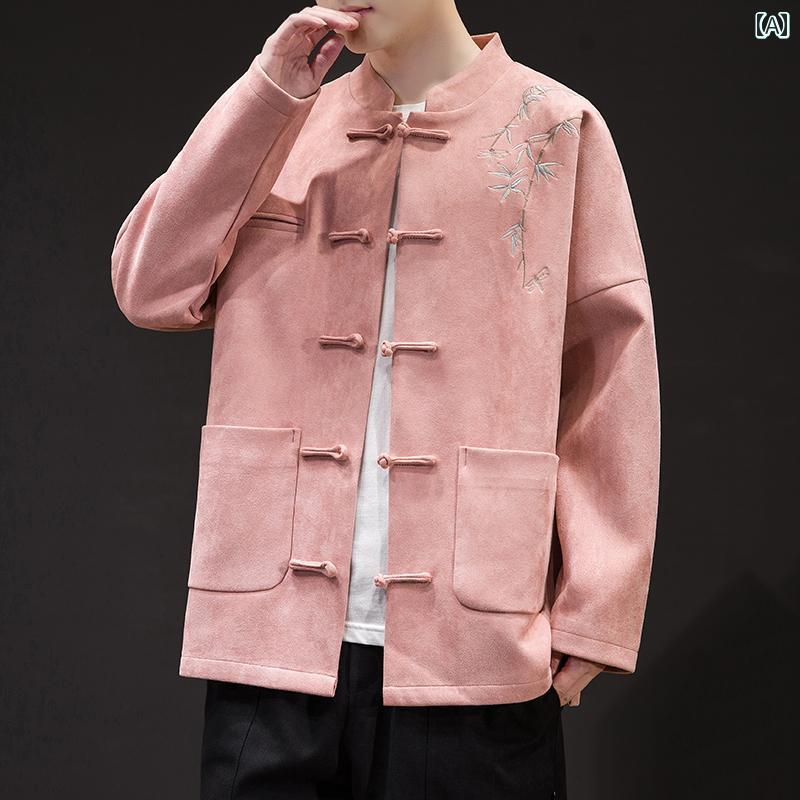 メンズ ジャケット アウター 中華スタイル上着 長袖 チャイナ風 スエード風 春秋冬 中華風プレートボタ..