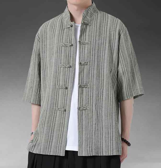 メンズ シャツ 羽織 トップス 綿麻混紡 夏 半袖 五分袖 チャイナ風 縦縞織 中華風ディスクボタン 中国伝統風 立ち襟 縦ストライプジャガード クラシック 前あき 軽量 通気性 シンプル