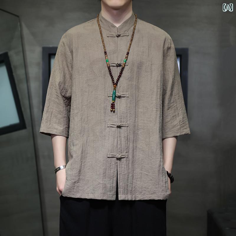 メンズ シャツ トップス 七分袖 春夏秋 チャイナ風 中華風プレートボタン 綿混紡 中国伝統服 唐装 漢服 立ち襟 冷感 軽量 ソフト モダン ナチュラル チュニック シック カジュアル(4)