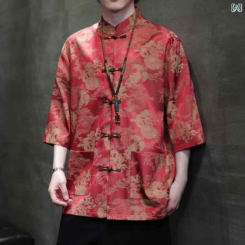 チャイナ風 メンズ トップス シルク ダブルブレスト ポケット UVカット 夏 薄手 五分袖 ラウンドネック 伝統 エレガント 高級感 ジャケット 中華風 男性