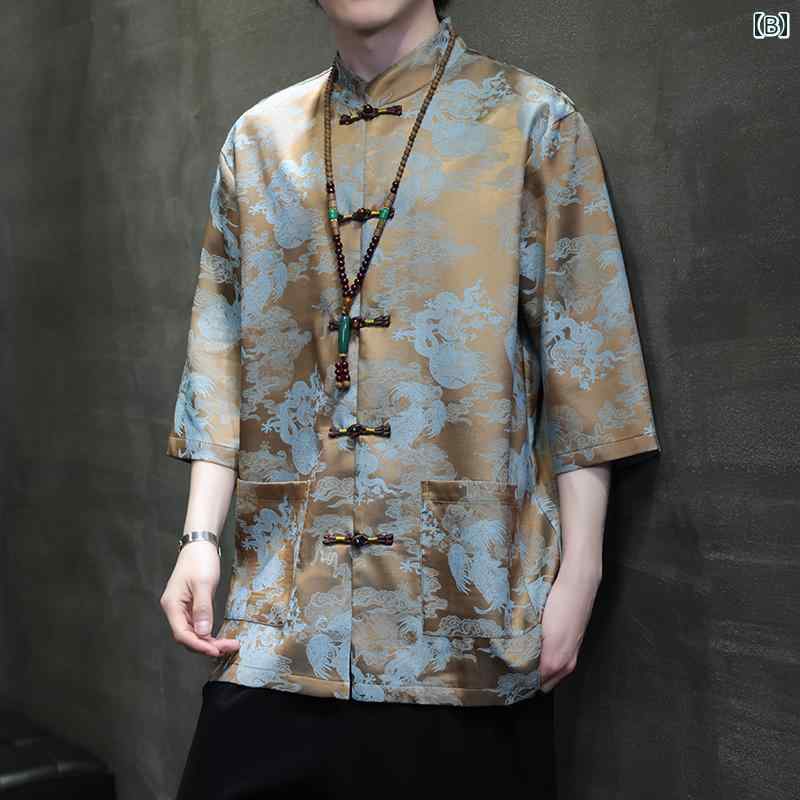 チャイナ風 メンズ トップス シルク ダブルブレスト ポケット UVカット 夏 薄手 五分袖 ラウンドネック 伝統 エレガント 高級感 ジャケット 中華風 男性