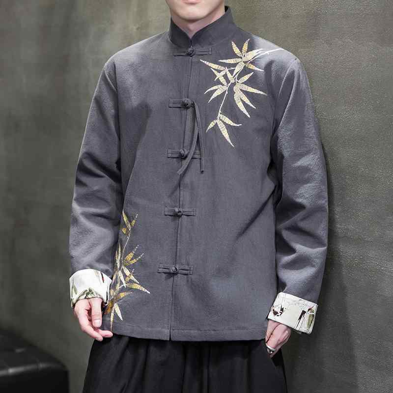 メンズ 伝統 ジャケット トップス チャイナ風 ダブルブレスト 秋 綿 麻 長袖 ポケット 竹モチーフ アウトドア レトロ コットン リネン