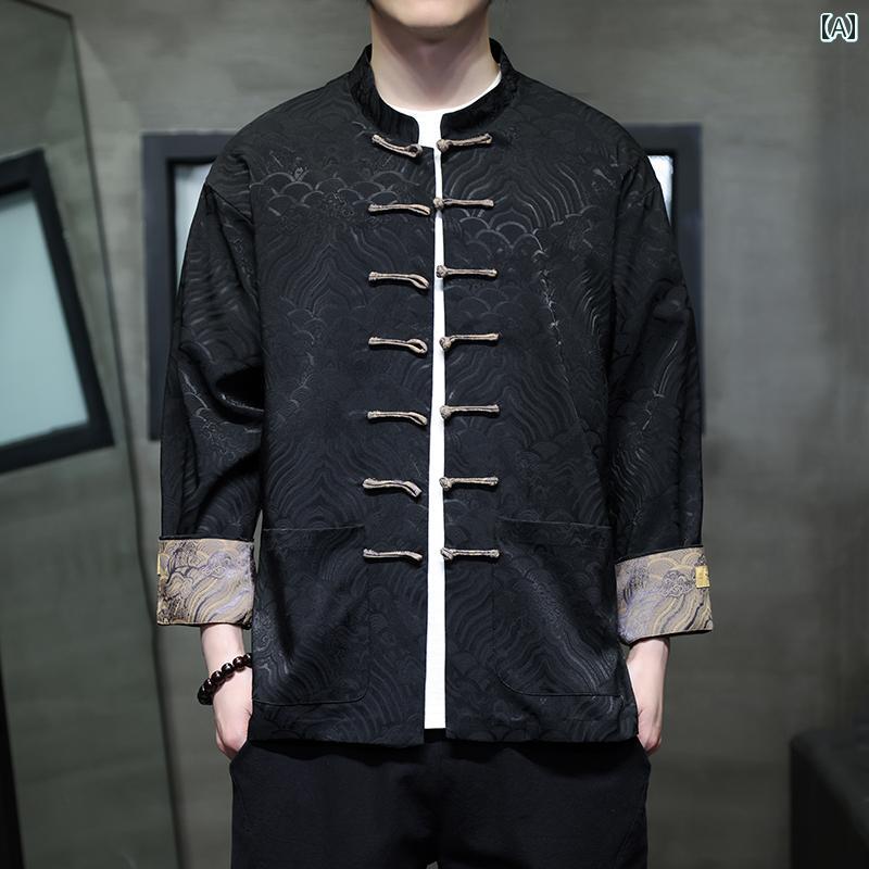 ジャガード 伝統 チャイナ風 メンズ レトロ エレガント ブラック レッド 長袖 シングルブレスト ポケット 上品 赤 黒 オーバーサイズ 中華風