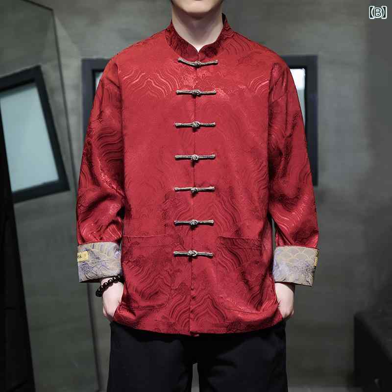 ジャガード 伝統 チャイナ風 メンズ レトロ エレガント ブラック レッド 長袖 シングルブレスト ポケット 上品 赤 黒 オーバーサイズ 中華風