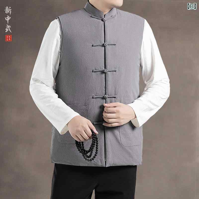 ベスト トップス メンズ チャイナ風 伝統 シングルブレスト シンプル レトロ 冬 ラウンドネック ポケット アウトドア 暖かい ファッション 古風