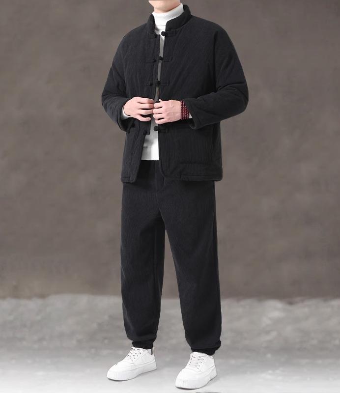 ジャケット トップス ダブルブレスト チャイナ風 メンズ シンプル プリーツ コーデュロイ 冬 長袖 ストレートヘム ポケット 暖かい 厚手