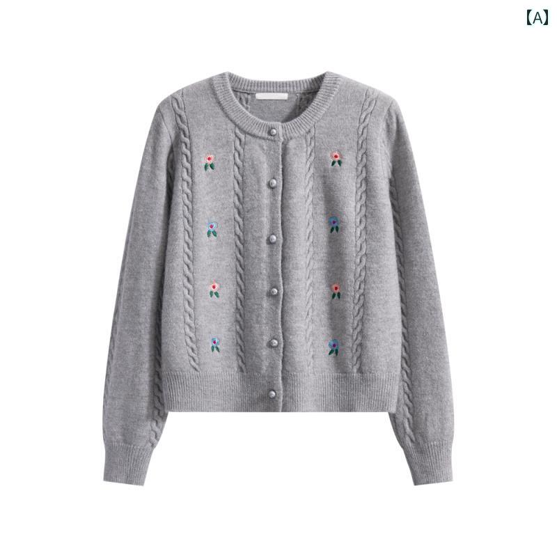 セーター カジュアル トップス レディース 刺繍 カレッジ スタイル ジャケット 秋冬 ラウンドネック