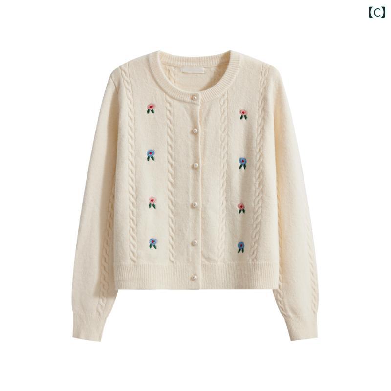 セーター カジュアル トップス レディース 刺繍 カレッジ スタイル ジャケット 秋冬 ラウンドネック
