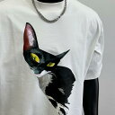 Tシャツ カットソー キャットプリント ユニセックス アメカジ 半袖 夏 ゆったり スポーティ カジュアル デイリー レジャー 休日 メンズ レディース